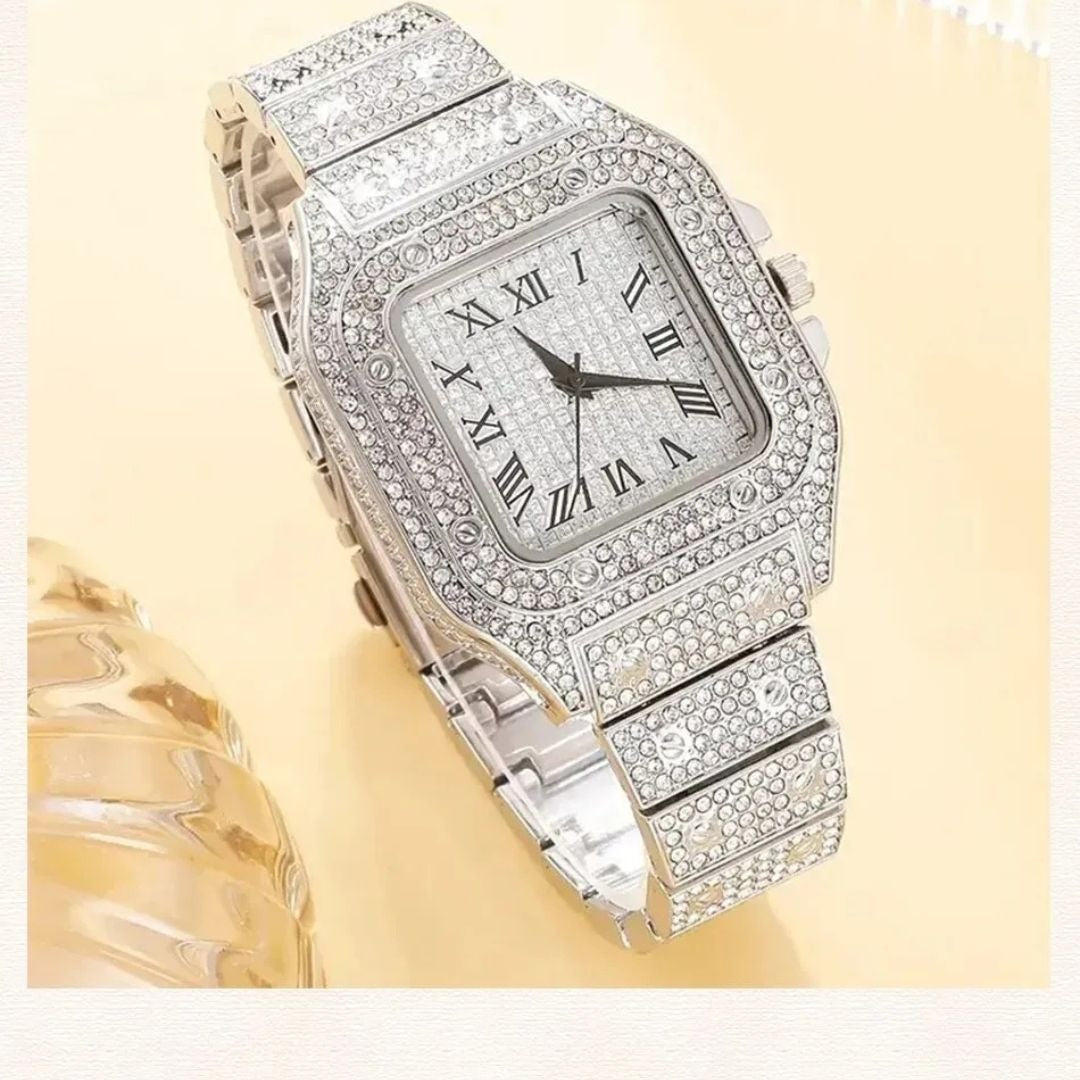 Luxury Hip Hop Iced Out Diamond Crystal Mens Square Dial Digital Bands Quartz Watch for Men Gift